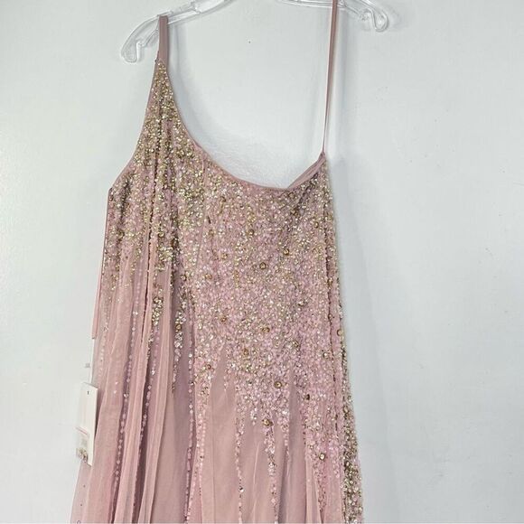 Mac Duggal 9224 Size 14 One Shoulder Embellished Trapeze A-Line Gown, Tan/Blush - Picture 5 of 10